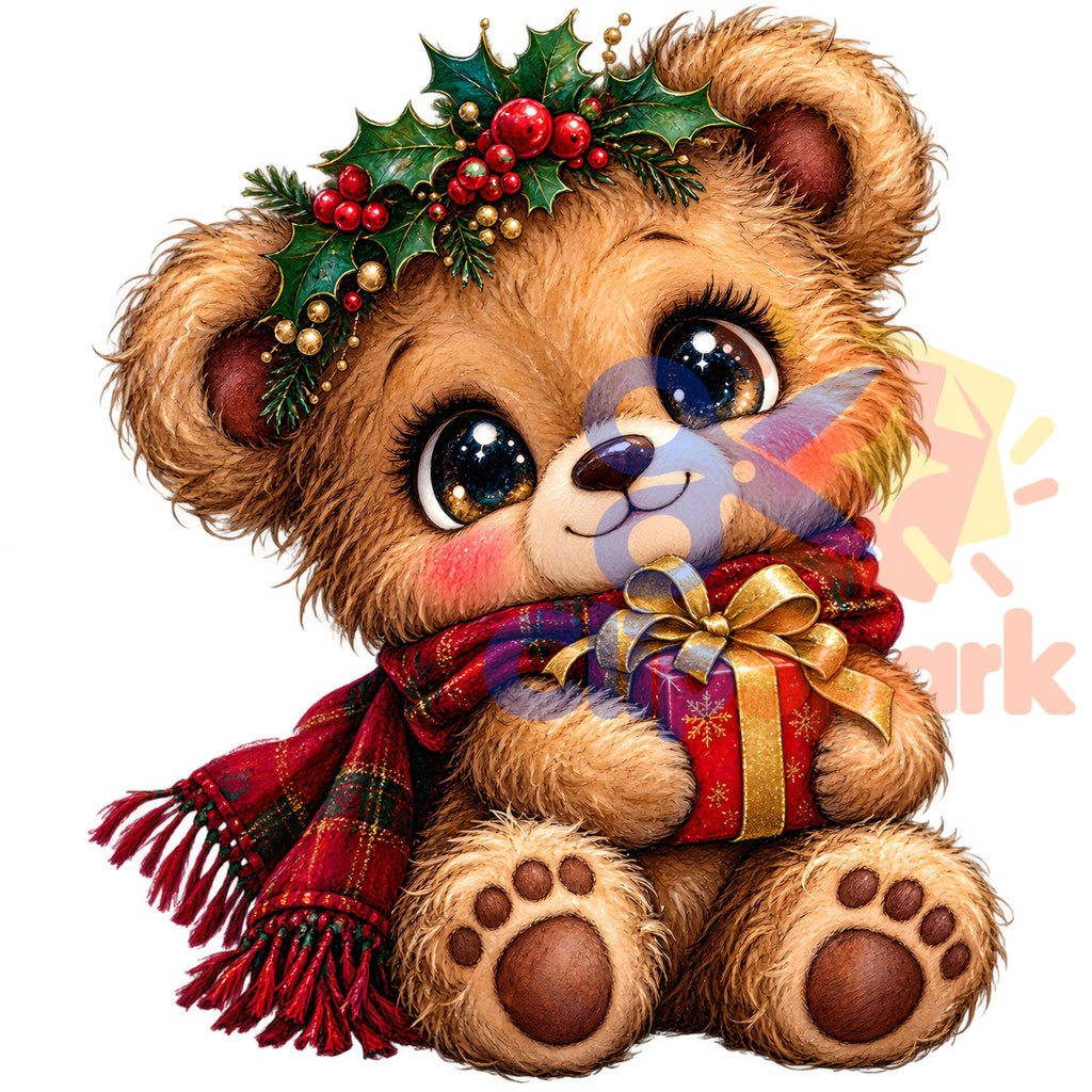 Christmas Teddy Bear Clipart PNG, 25 Cute Watercolor Bear Graphics, Santa Hat Pajama Bears with Gifts for Cards & Sublimation