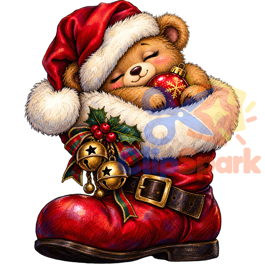 Christmas Teddy Bear Clipart PNG, 25 Cute Watercolor Bear Graphics, Santa Hat Pajama Bears with Gifts for Cards & Sublimation