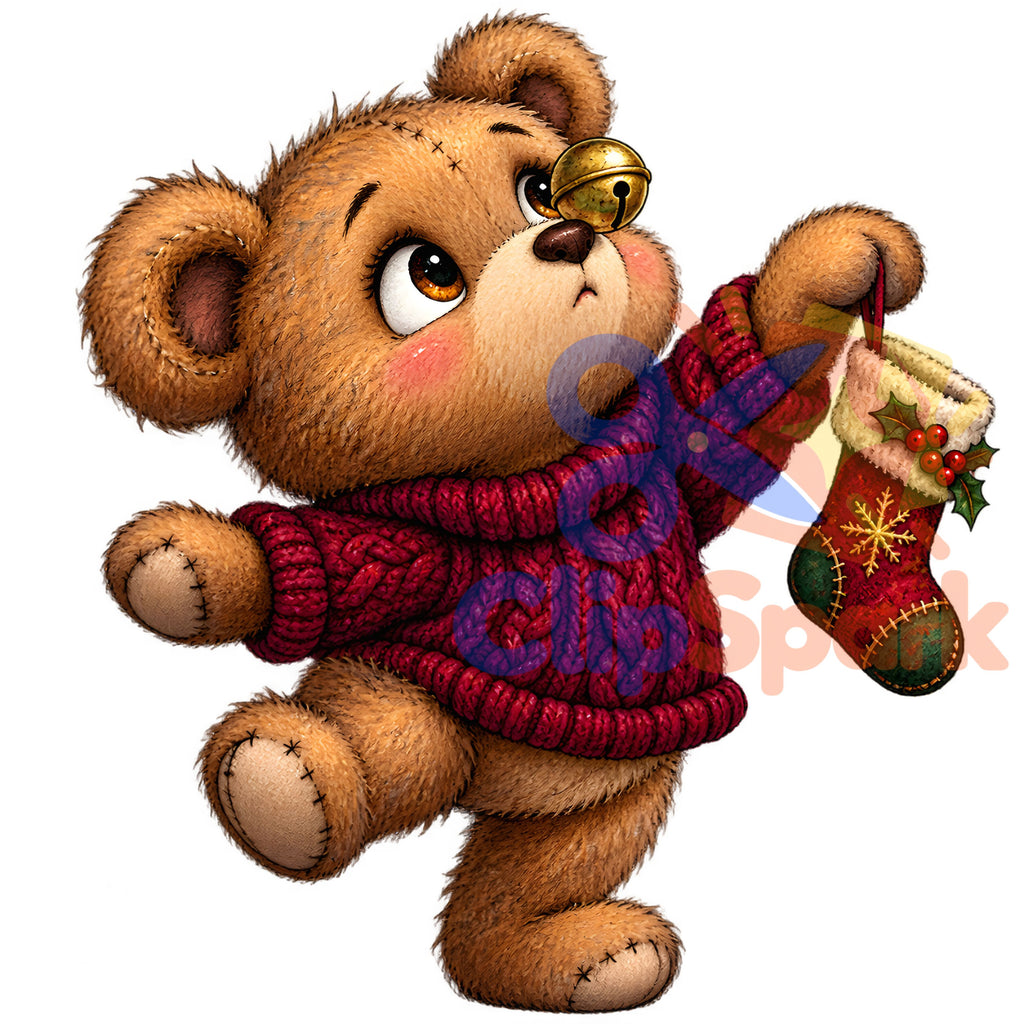 Christmas Teddy Bear Clipart PNG, 25 Cute Watercolor Bear Graphics, Santa Hat Pajama Bears with Gifts for Cards & Sublimation