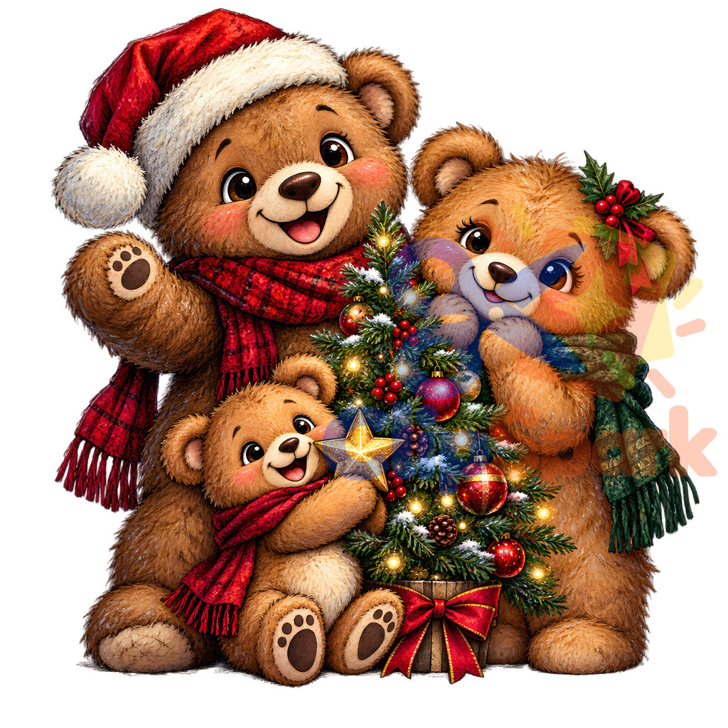 Christmas Teddy Bear Clipart PNG, 25 Cute Watercolor Bear Graphics, Santa Hat Pajama Bears with Gifts for Cards & Sublimation