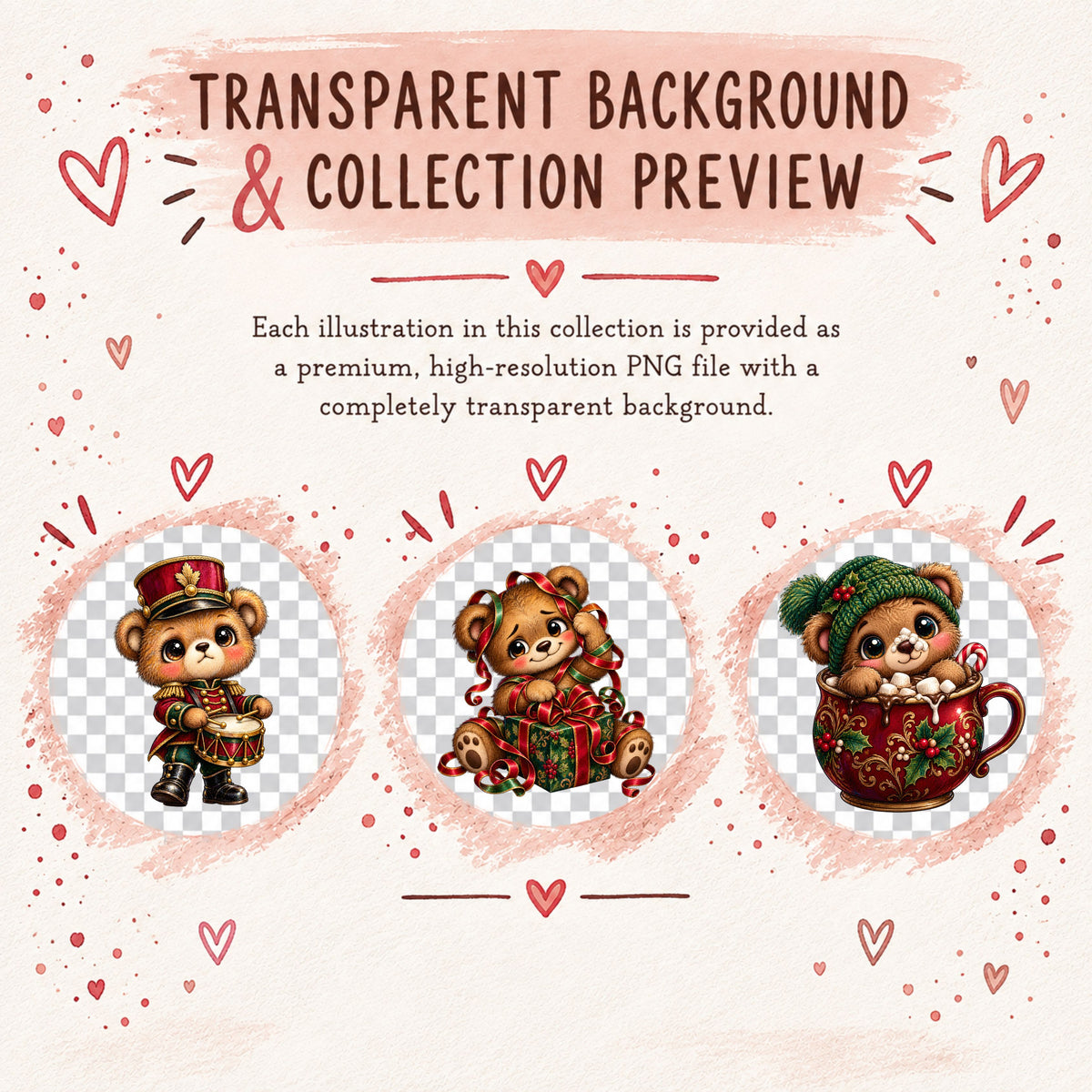 Christmas Teddy Bear Clipart PNG, 25 Cute Watercolor Bear Graphics, Santa Hat Pajama Bears with Gifts for Cards & Sublimation
